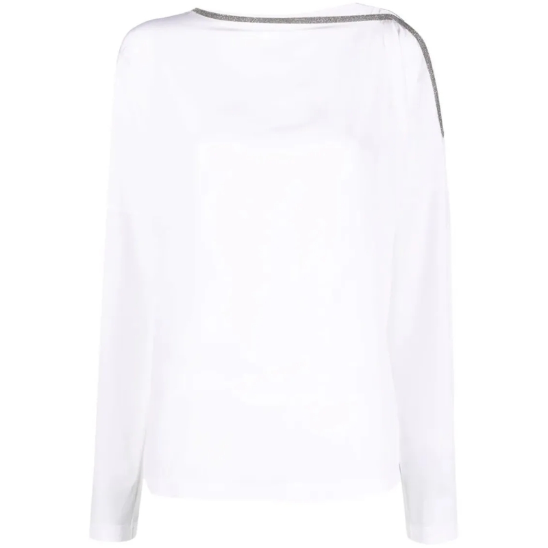Brunello Cucinelli Langärmeliges Oberteil Long-Sleeve White Knit Top With Unique Shoulder De White