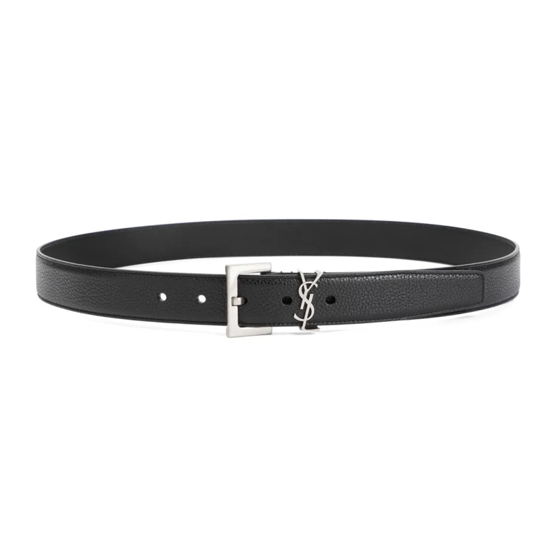 Saint Laurent Riem Grained Calf Leather Belt With Silver-Tone Squared Black