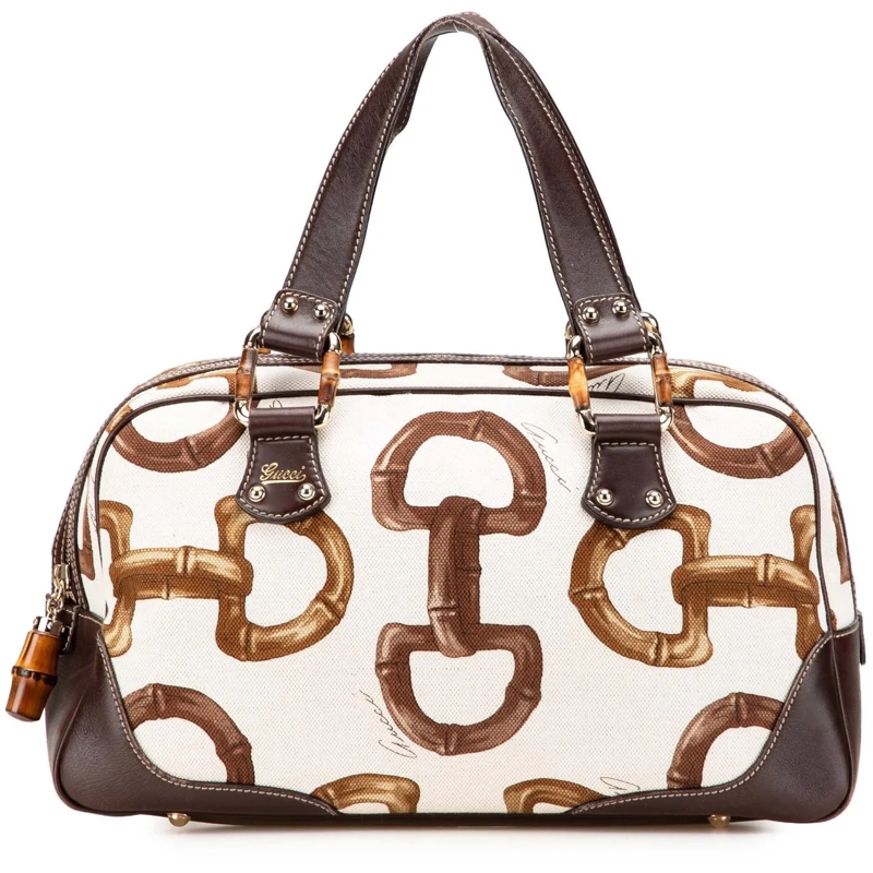 Gucci Tote Printed Canvas Bamboo Horsebit Handbag weiß