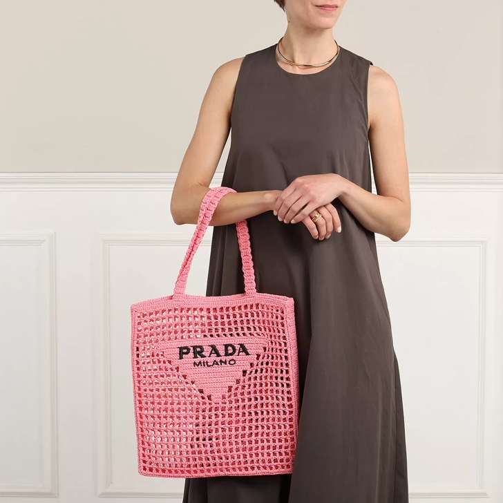 Prada Pink Logoed Crochet Tote Bag In Rosa