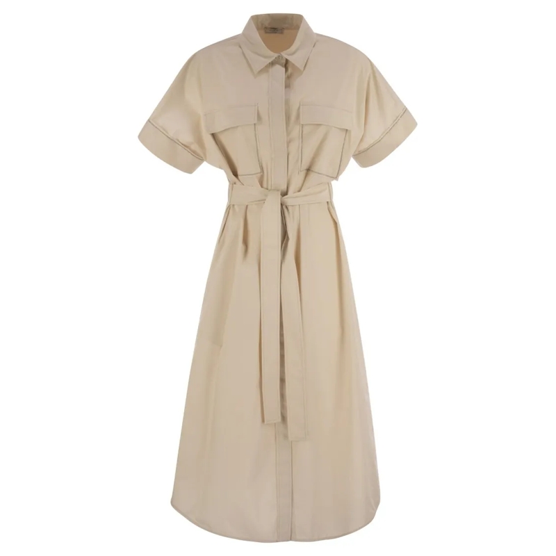 Peserico Midi-jurk Light Stretch Cotton Satin Chemisier Dress Neutrals