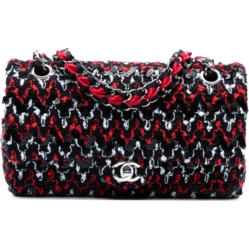 Chanel Sac à bandoulière Medium Classic Sequined Tweed Double Flap schwarz