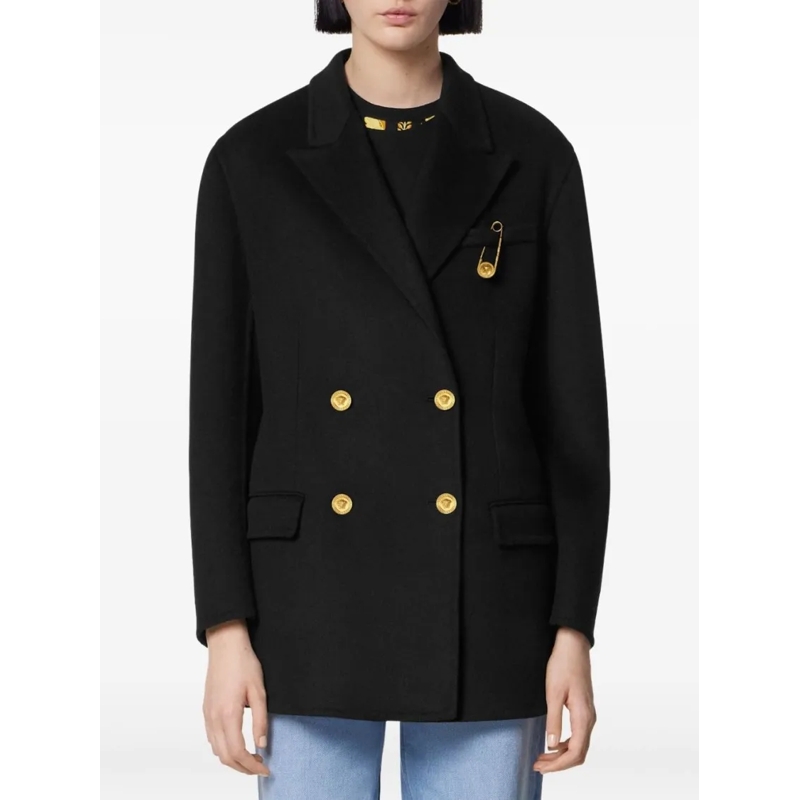 Versace Bontjassen Double-Breasted Black Coat With Gold-Tone Accents Black