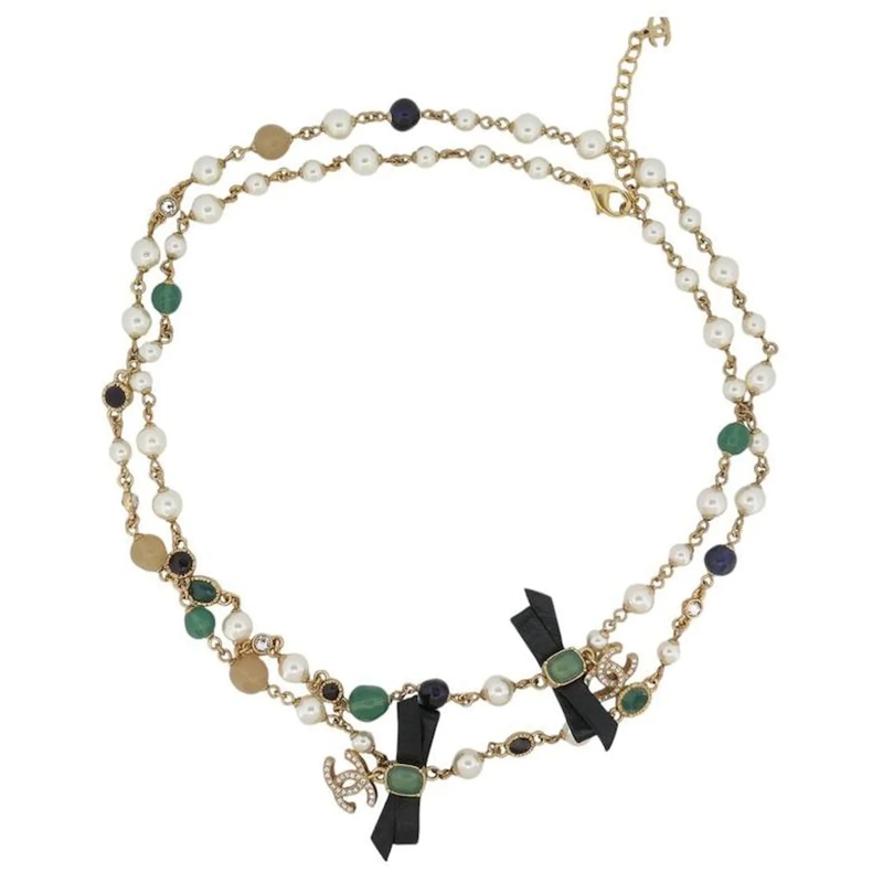 Chanel Mittellange Halskette NEUE CHANEL 2018 LANGKETTE PERLEN LEDERBOW CC LOGO gold