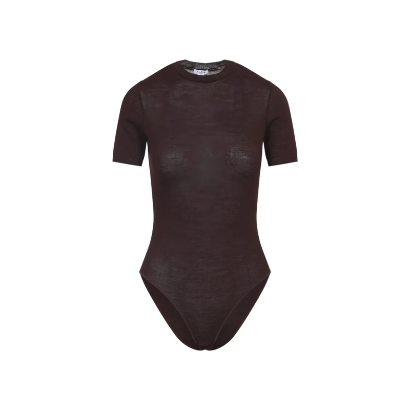 Alaia  Fitted Wool-Silk Bodysuit With Delicate Sheer Text Burgundy