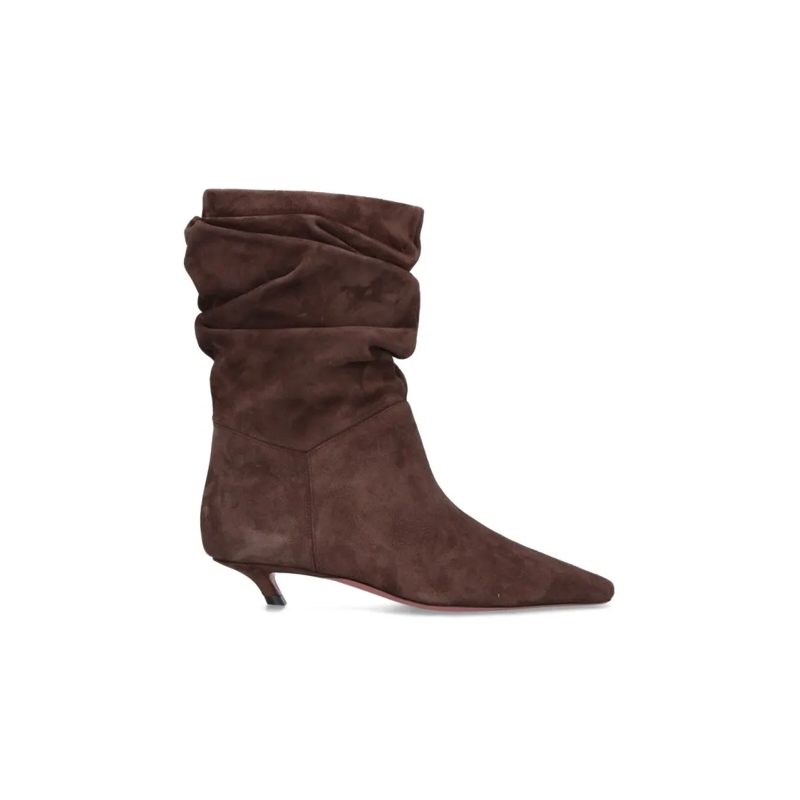 Amina Muaddi Stiefel Ruched Dark Brown Suede Ankle Boots Brown