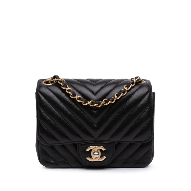 Chanel Sac à bandoulière Mini Square Classic Chevron Lambskin Single Flap schwarz