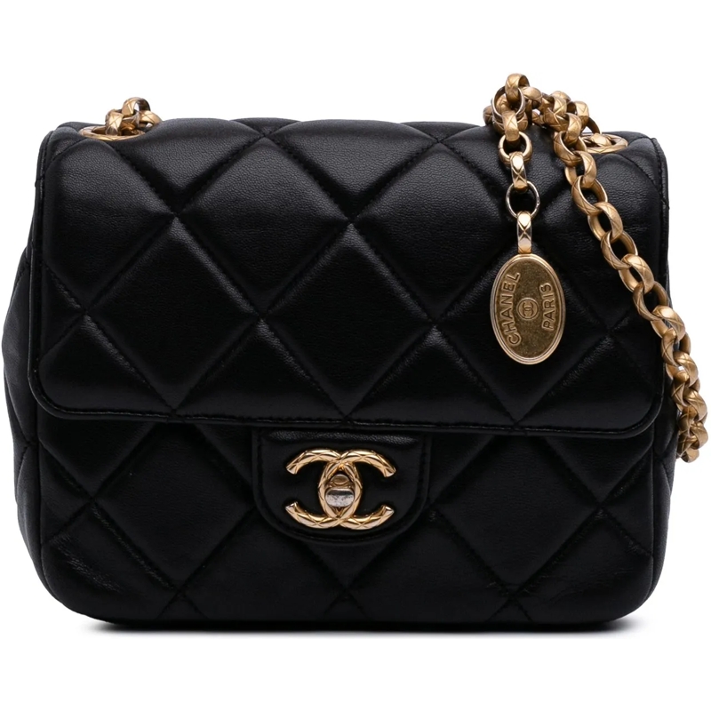 Chanel Sac à bandoulière Mini Square Quilted Lambskin Bijoux Logo Chain Fla schwarz
