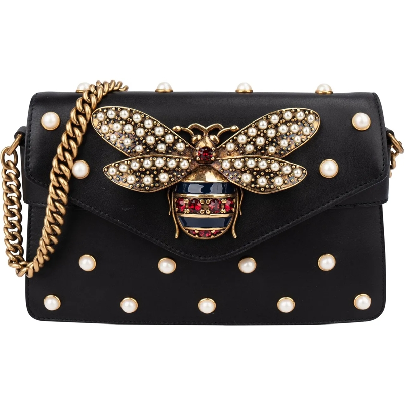 Gucci Sac à bandoulière Gucci Black Leather Queen Margaret Bee Shoulder Ba schwarz