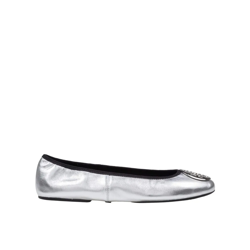 Tory Burch Ballerinas Reva Travel Leather Ballerina Flats In Silver White