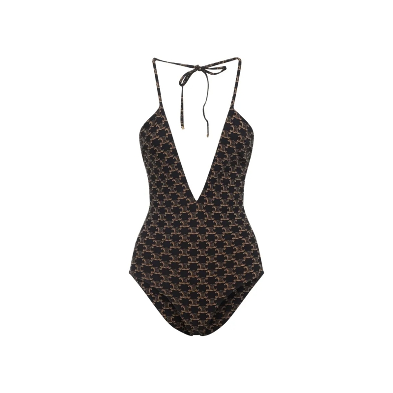 Celine  Monogram Deep V-Neck One-Piece Swimsuit Black