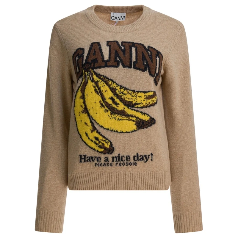 GANNI Pull Wool Crew Neck Sweater Neutrals