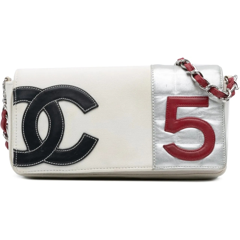 Chanel Sac à bandoulière CC Canvas and Metallic Lambskin No. 5 Chain Flap weiß