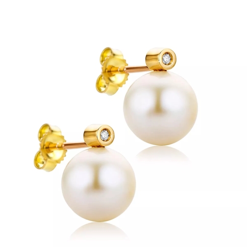 DIAMADA 0.02ct Diamond Freshwater Pearls Earring  18KT Yellow Gold Orecchini a bottone