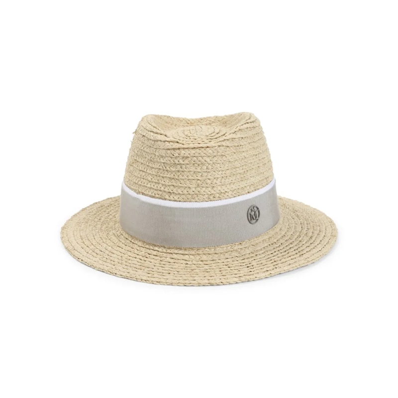 Maison Michel Hoed Wide Brim Raffia Blend Hat With Subtle Emblem Neutrals