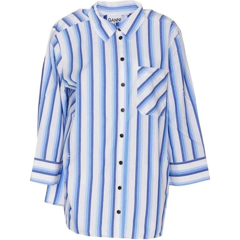GANNI Bluse Cotton Striped Shirt Blue