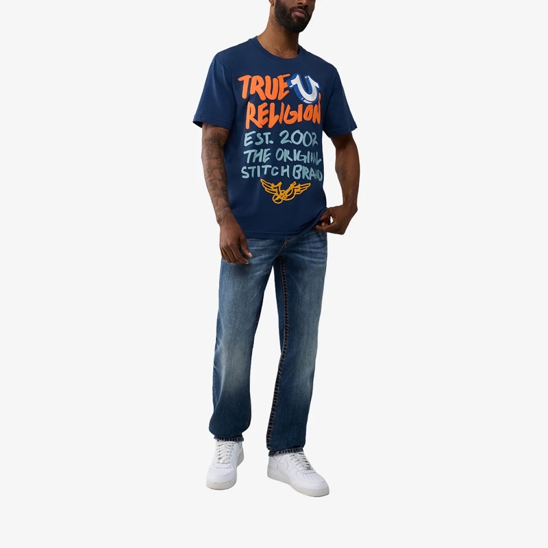True Religion T-Shirt - Gerader Schnitt- Rundhals- Überschnittende Sch blau(Image 2)