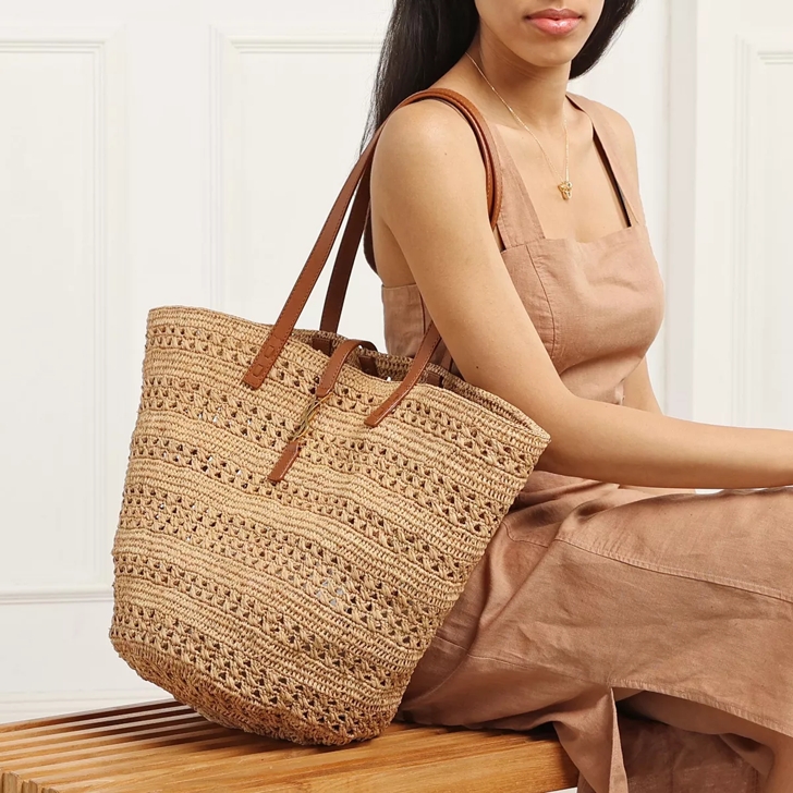 panier medium bag in crochet raffia and smooth leather