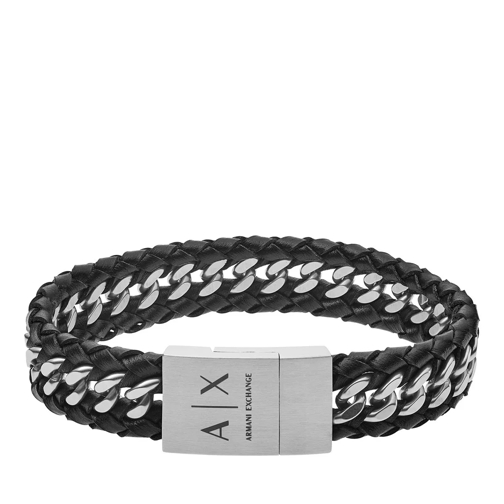Armani Exchange Black Leather Chain Bracelet Silver Armband