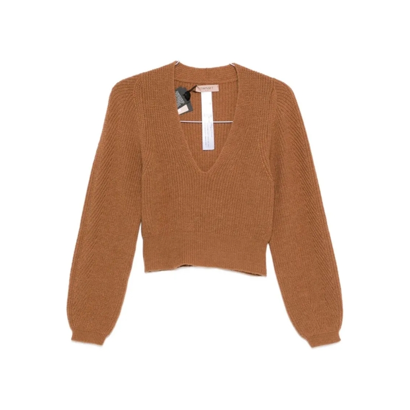 Twin-Set Pull Cropped Sweater With Deep V-Neckline And Ribbed Te Brown