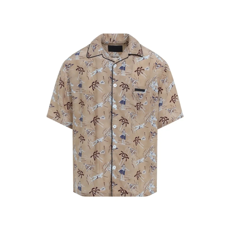 Prada Overhemd Short-Sleeved Viscose-Silk Blend Shirt With Palm P Neutrals