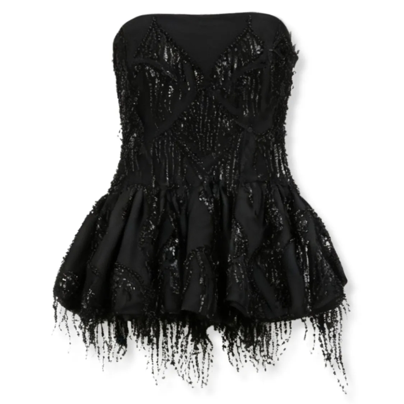 Rotate Elegantes Top Sequined Fringe Top Black