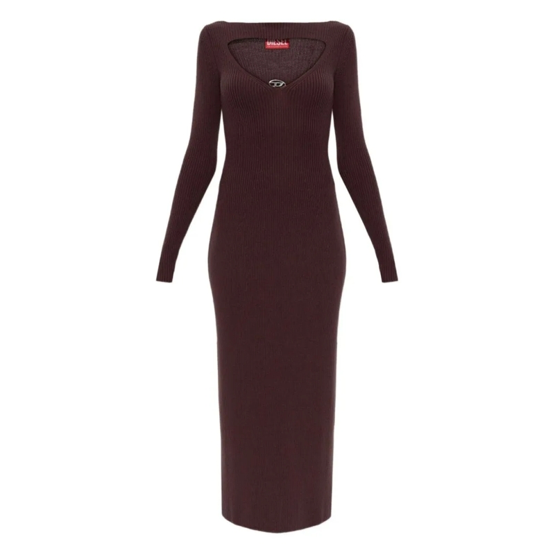 Diesel Midi-jurk Ribbed Knit Midi Dress With Cut-Out Neckline Brown