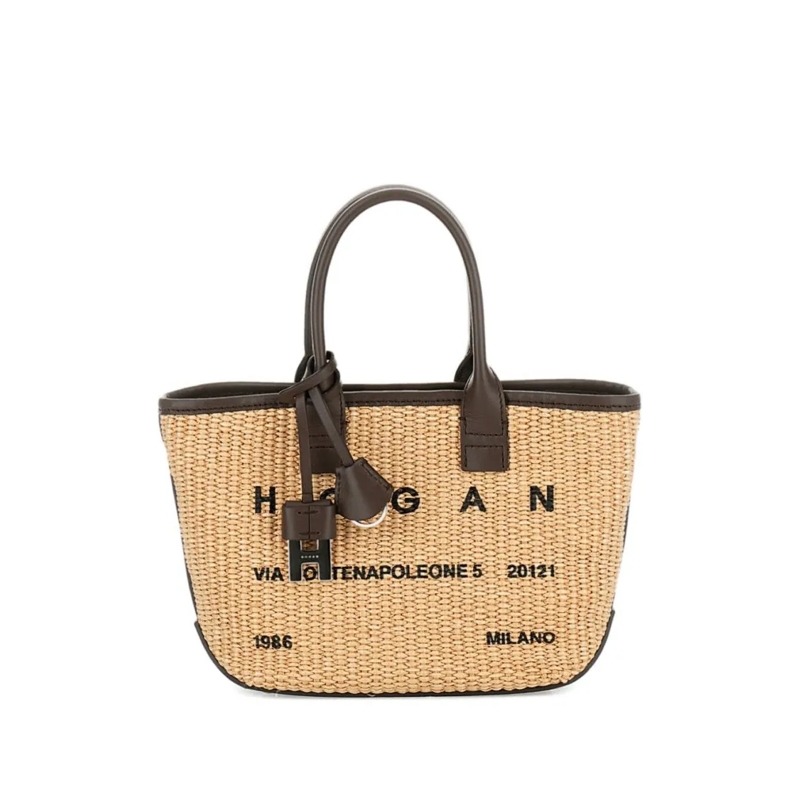 Hogan Schultertasche Structured Beige Shopper Bag With Leather Trim Brown