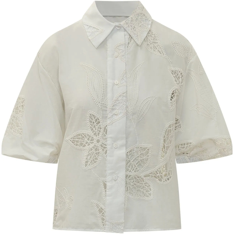 SUNDEK Bluse Camicia a Maniche Corte con Ricamo weiß