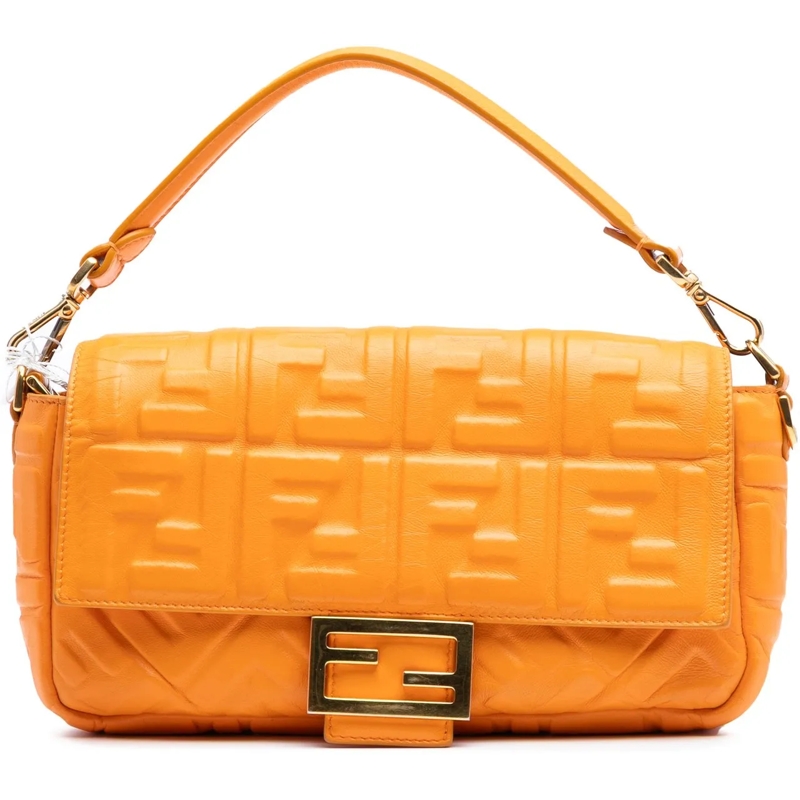 Fendi Sac à bandoulière Zucca Embossed Leather Baguette Satchel orange