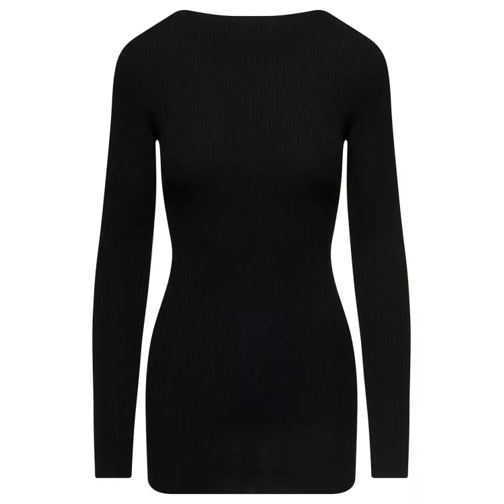 Rick Owens Long Black Ribbed Top With Round Cut-Out In Wool Black 