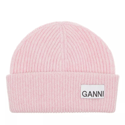 GANNI Light Structured Rib Knit Beanie Mauve Chalk Chapeau en laine