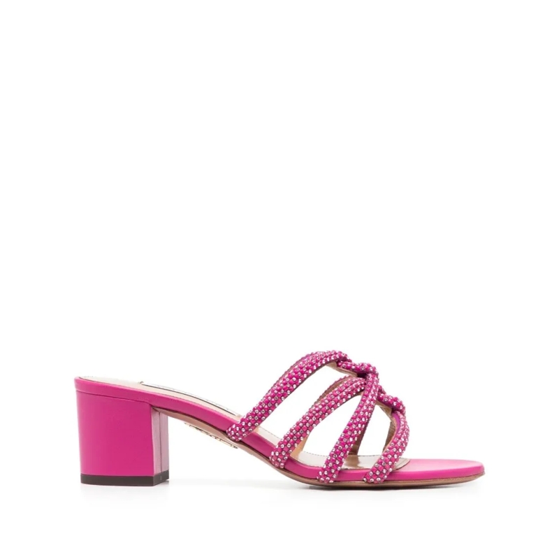 Aquazzura Mules Crystal-Embellished Fuchsia Leather Mules Pink