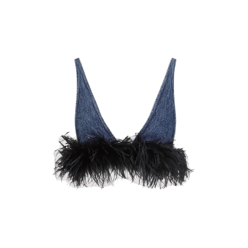 Miu Miu Top Blue And Black Cotton Top With Feathers Blue
