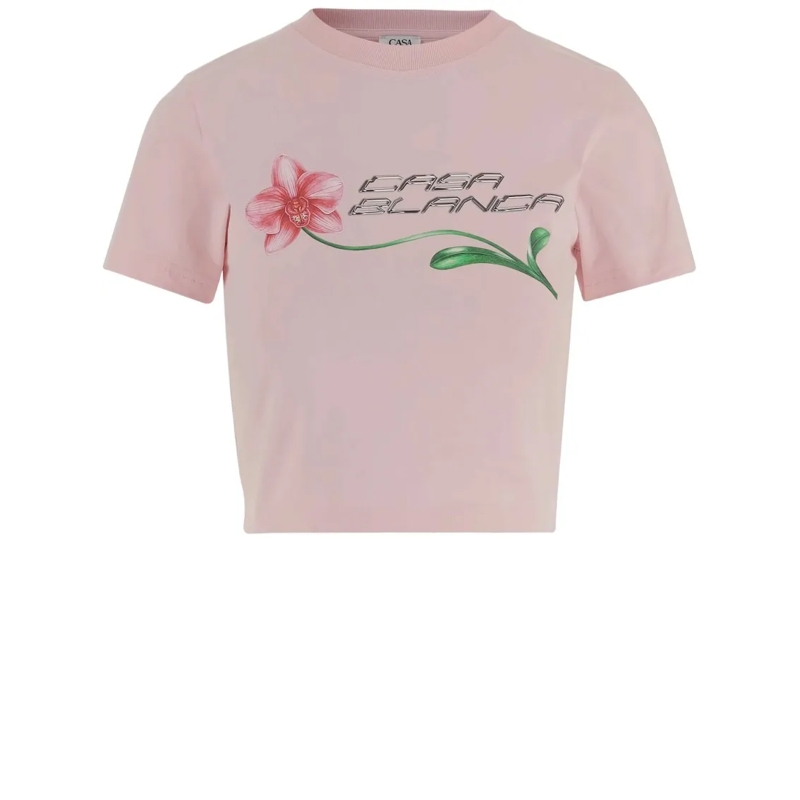 Casablanca T-shirt Cropped Cotton T-Shirt With Floral Graphic Pink