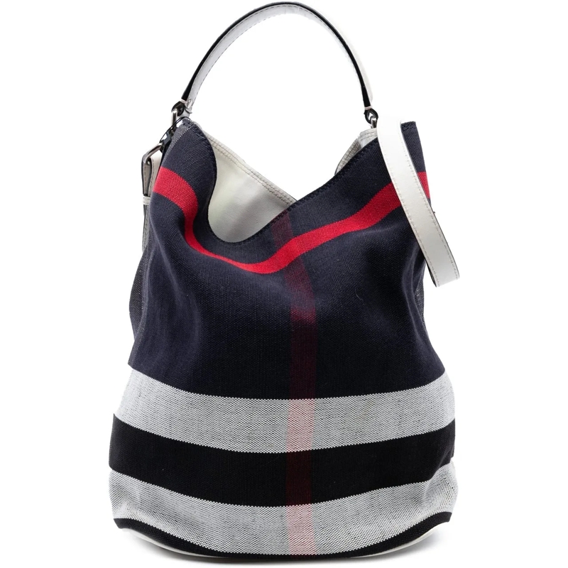 Burberry Schultertasche Medium Mega Check Canvas Ashby Bucket Bag blau