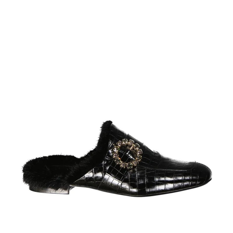 Eleventy Mules Croc-Embossed Leather Mules With Plush Fur Lining Black