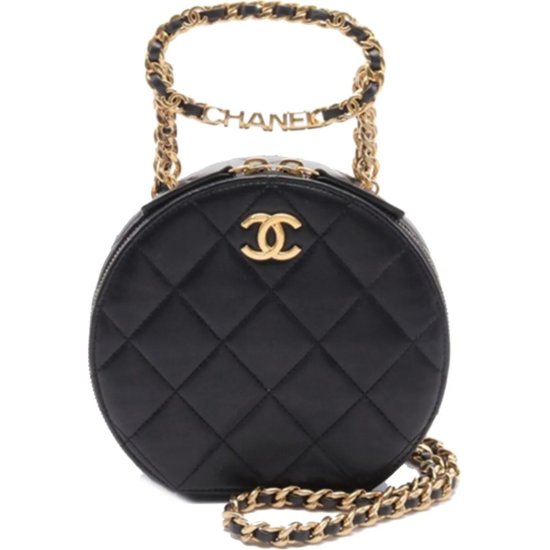 Chanel Pochette Quilted Lambskin Oval Logo Chain Top Handle Round  schwarz