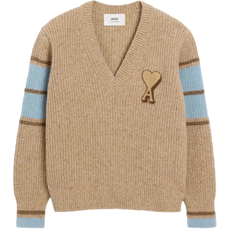 AMI Paris Pullover Ribbed Knit Sweater With Heart Patch Neutrals