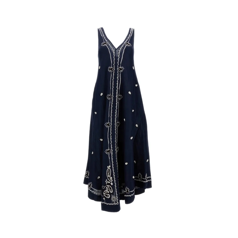 P.A.R.O.S.H. Robe midi Intricately Embroidered A-Line Linen Dress Blue
