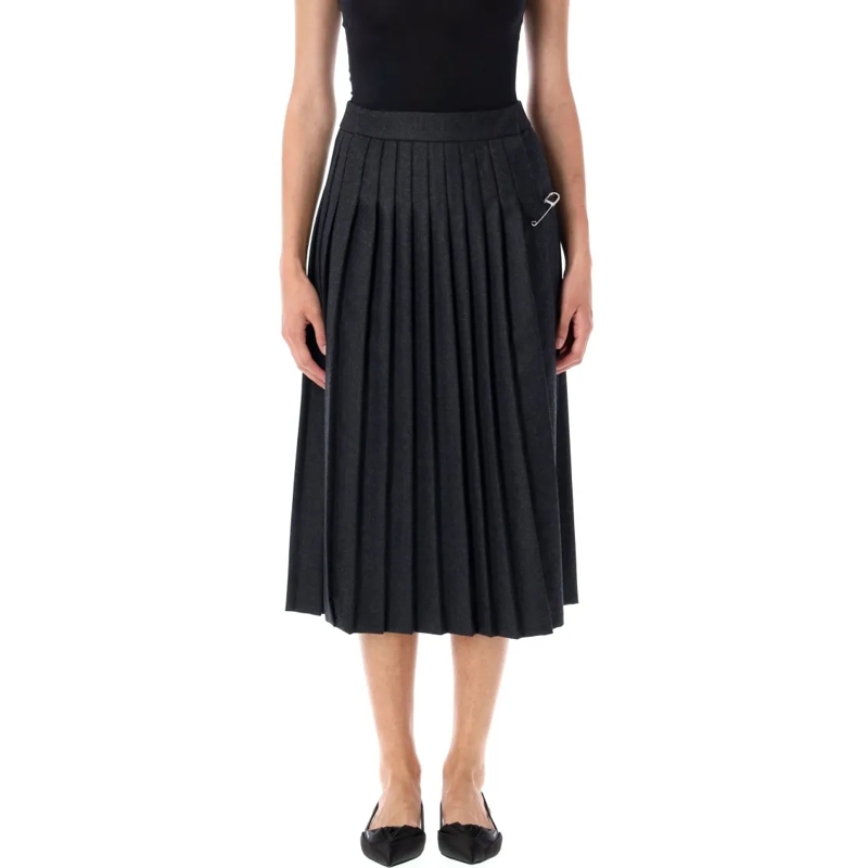 Prada Midirok Pleated Wool Flannel Skirt Black