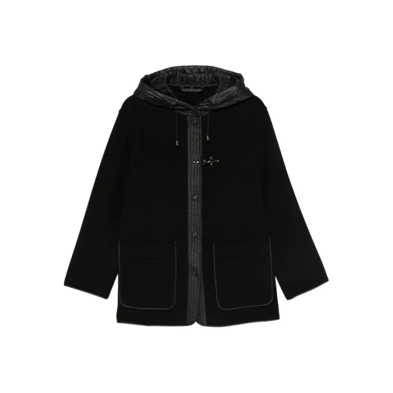 Fay Wintermantel Straight Silhouette Short Coat With Quilted Hood Black