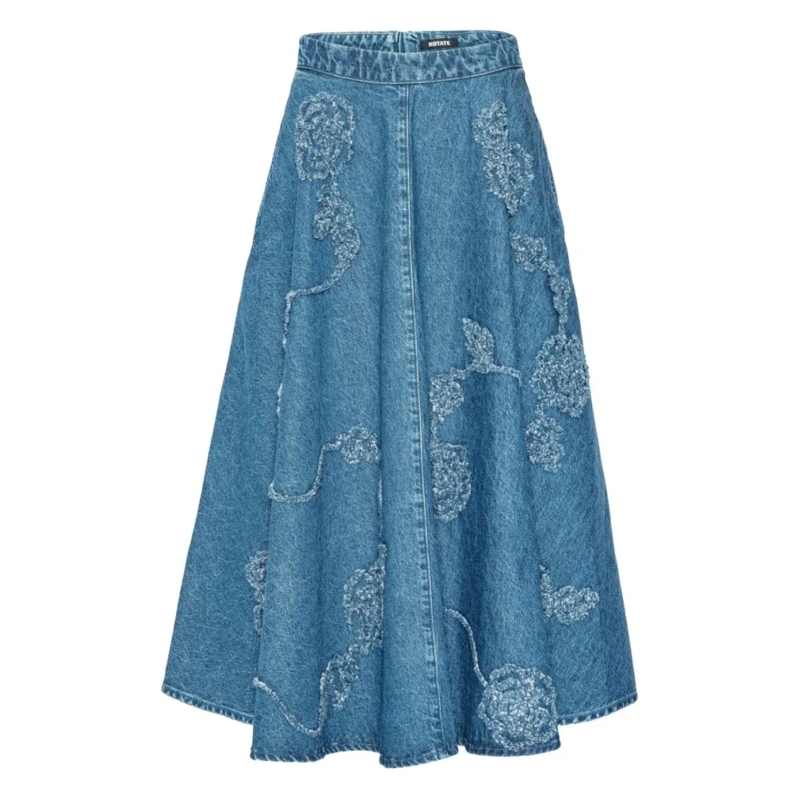 Rotate Midirok Flared Blue Midi Skirt With Intricate Floral Embro Blue
