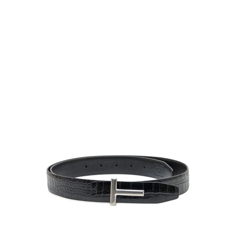 Tom Ford Riem Glossy Crocodile-Print Calf Leather Belt With T-Bu Black