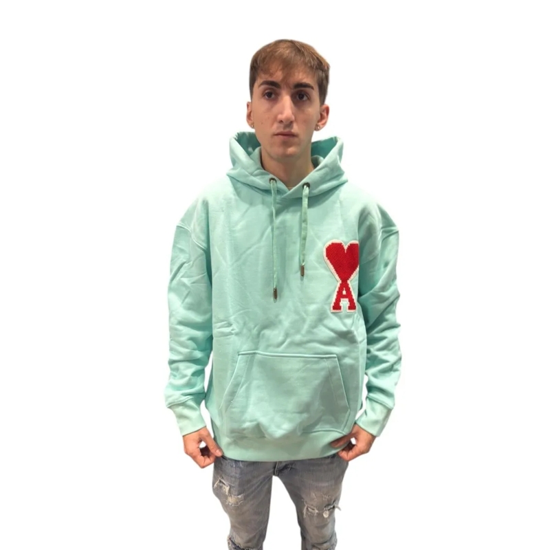 AMI Paris  Light Mint Green Large Heart-Emblem Hooded Sweatsh Blue