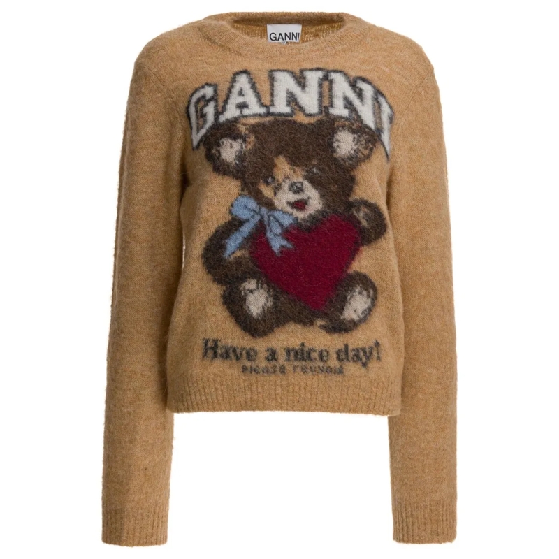GANNI Pull Wool Sweater With Graphic Teddy Bear Print Brown