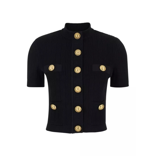 Balmain Black Cropped Cardigan With Jewel Buttons In Visco Black 