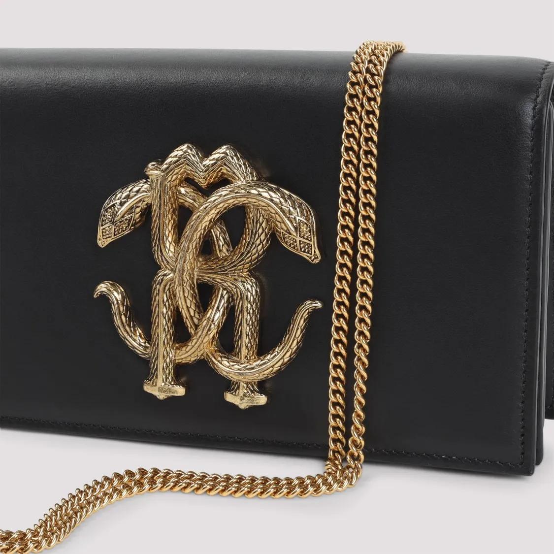 Thumbnail - Roberto Cavalli Hobo Bags - Black Leather Shoulder Bag With Gold Emblem - Gr. unisize - in Schwarz - für Damen