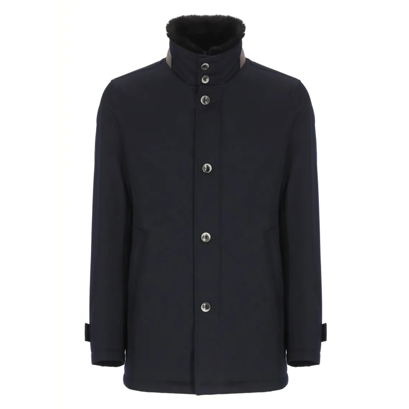 Herno  Structured Blue Virgin Wool Coat With Plush Fur Co Blue