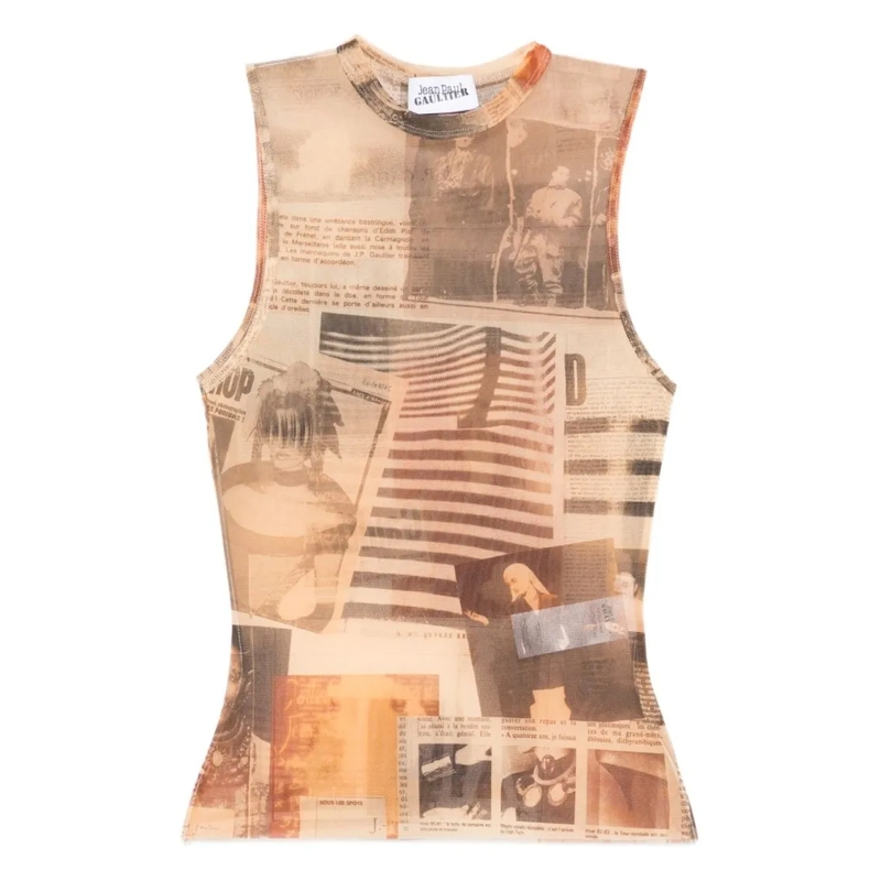 Jean Paul Gaultier Blouse Collage-Print Silk And Nylon Sleeveless Top Neutrals